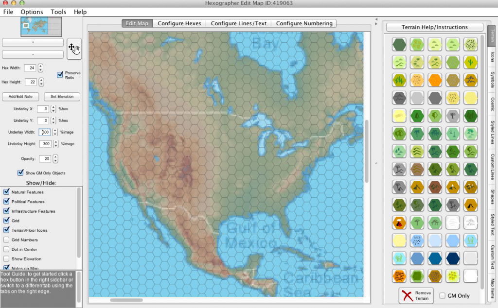 Screenshot 1: A raw map image in Hexographer's underlay.