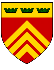 field gules, three chevronels or, three crowns vert in chief or