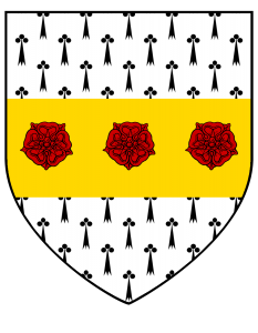 ermine, three roses gules in fess or