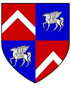 per fess azure and gules, leopard rampant dimidated argent, cinquefoil argent semi. Coat of Arms Design Studio file.