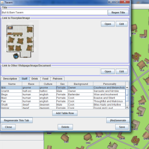 A sample image of Cityographer showing a note with a tavern's details, including a floorplan.