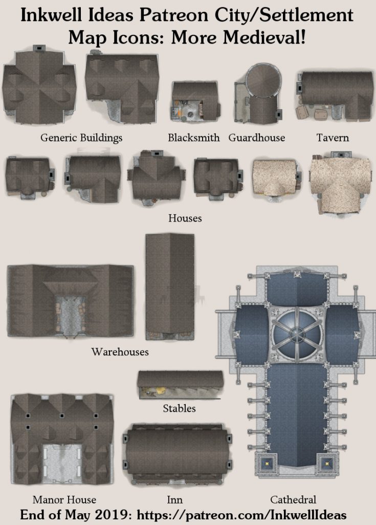 More Medieval City/Settlement Map Icons (Patreon 2019 May)