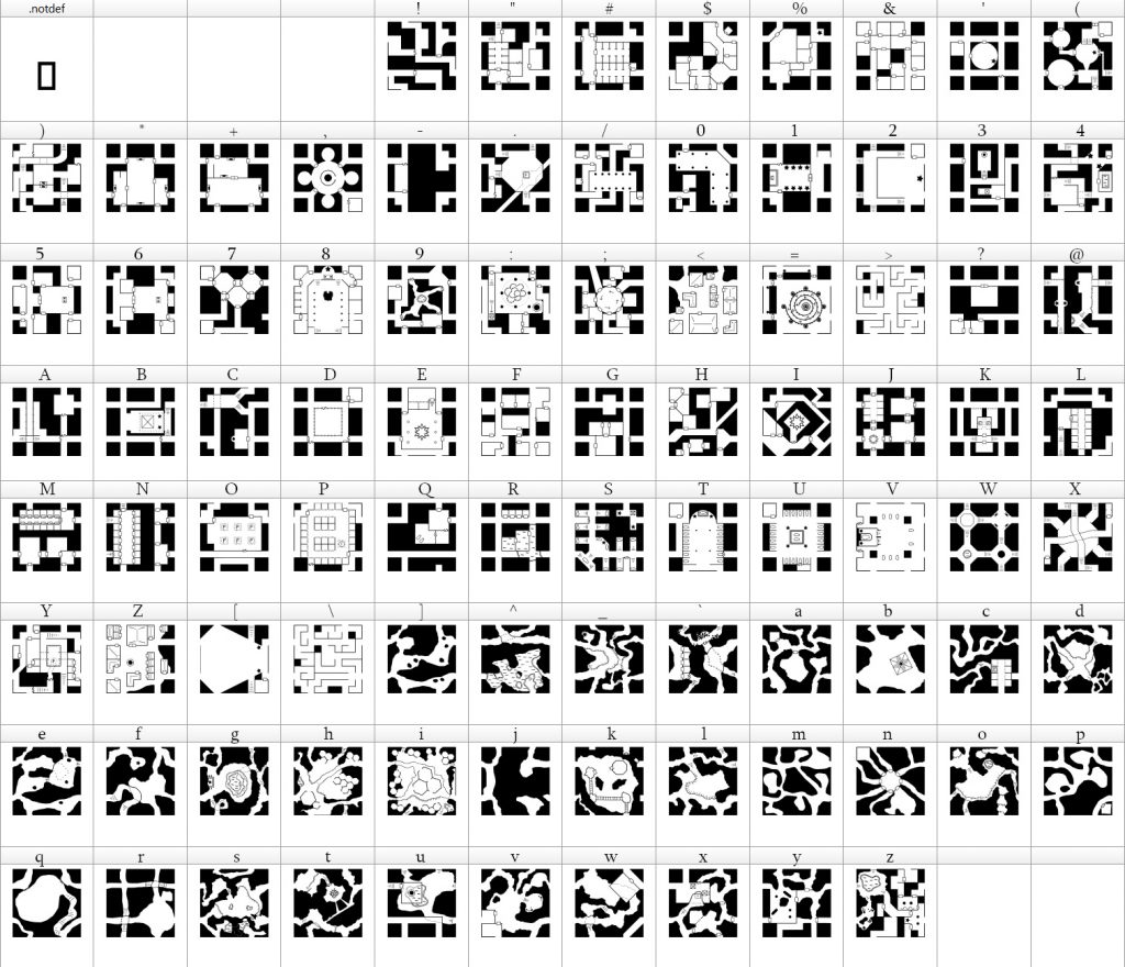 Keystrokes to glyphs chart for our original Adventurer, Explorer, and Spellunker sets (click to enlarge).