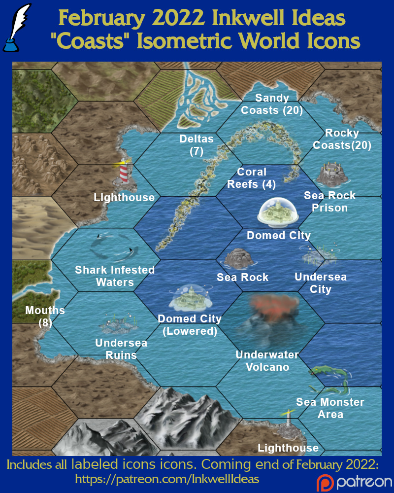 Isometric World/Kingdom Coasts map icons preview.