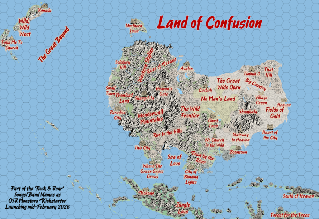 Land of Confusion - a fantasy map with locations based on rock songs: Fields of Gold, The Great Wide Open, Northern Town, Small Town, Stairway to Heaven, etc. 