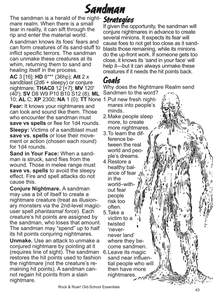 Shows the OSE stats of the Sandman with background, stats, abilities, and goals.