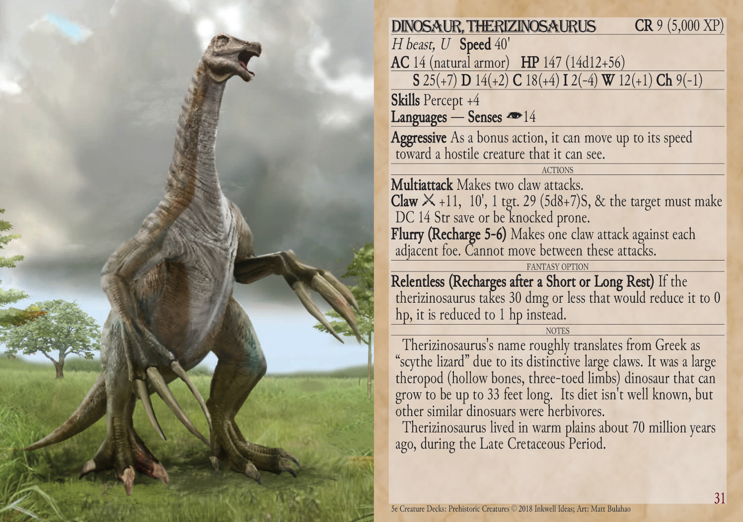 5e Creature Decks: Prehistoric Creatures preview card #31 Therizinosaurus. 